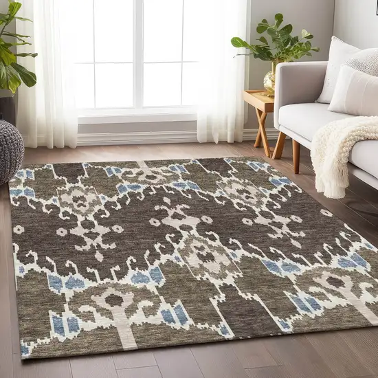 Brown Ivory And Blue Ikat Washable Area Rug With UV Protection Photo 5