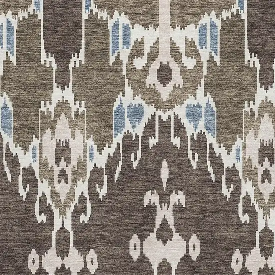 Brown Ivory And Blue Ikat Washable Area Rug With UV Protection Photo 3