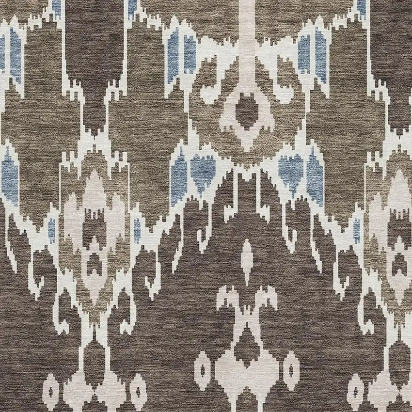 Brown Ivory And Blue Ikat Washable Area Rug With UV Protection Photo 3