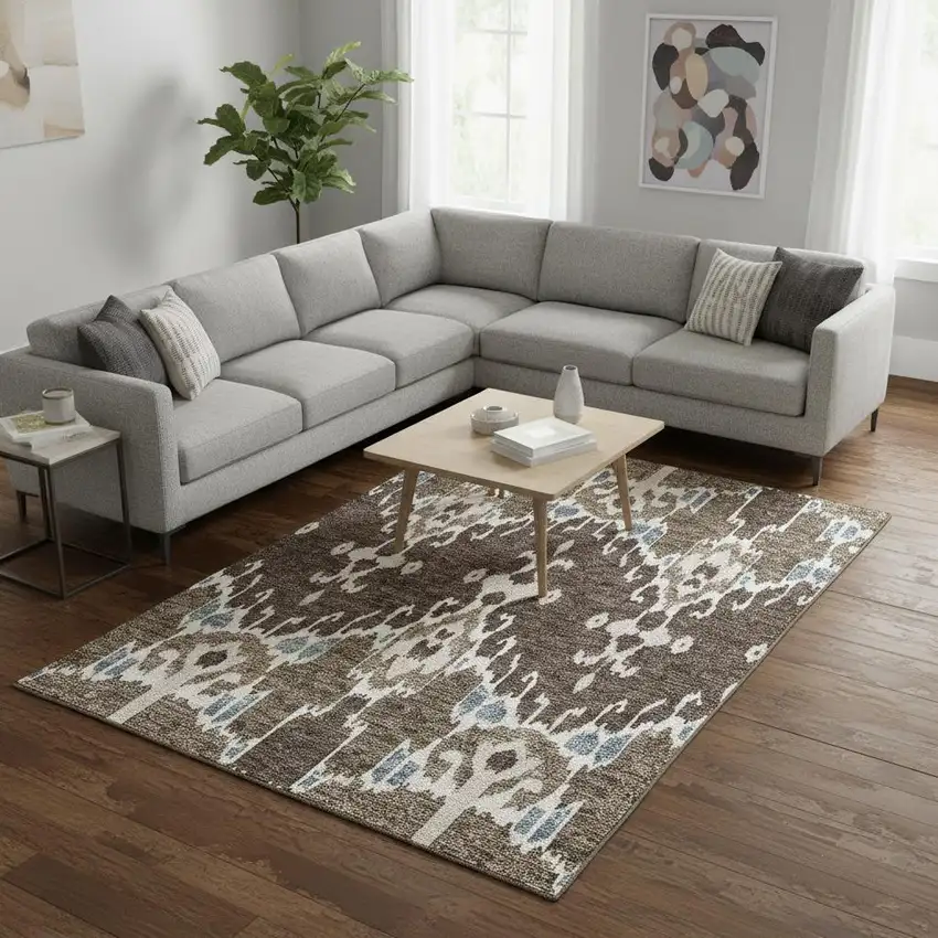 Brown Ivory And Blue Ikat Washable Area Rug With UV Protection Photo 2