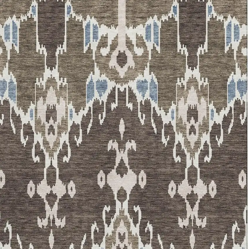 Brown Ivory And Blue Ikat Washable Area Rug With UV Protection Photo 4