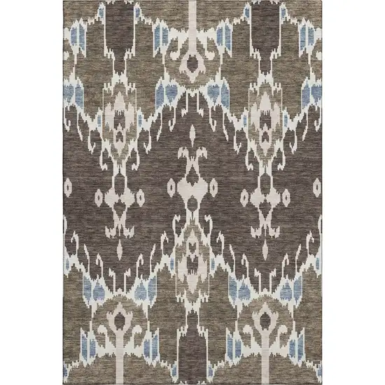Brown Ivory And Blue Ikat Washable Area Rug With UV Protection Photo 1