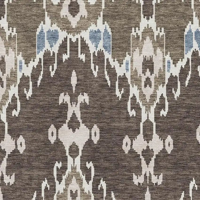Brown Ivory And Blue Ikat Washable Area Rug With UV Protection Photo 3