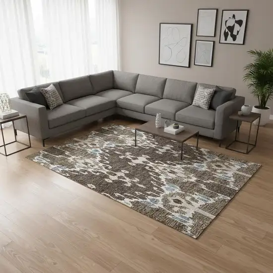 Brown Ivory And Blue Ikat Washable Area Rug With UV Protection Photo 2