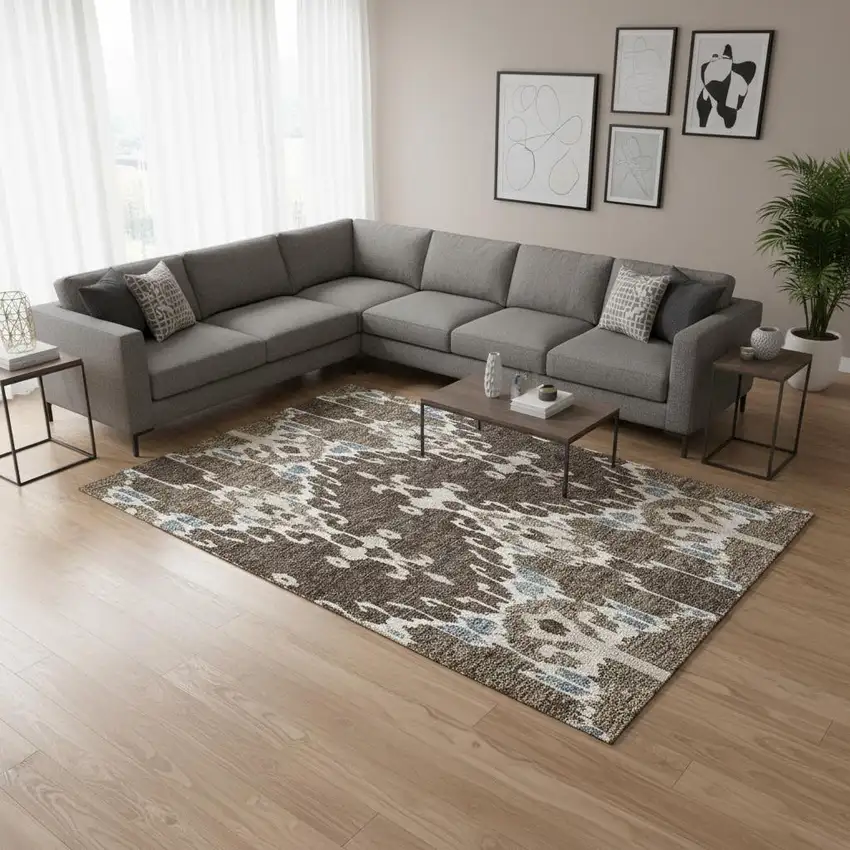 Brown Ivory And Blue Ikat Washable Area Rug With UV Protection Photo 2