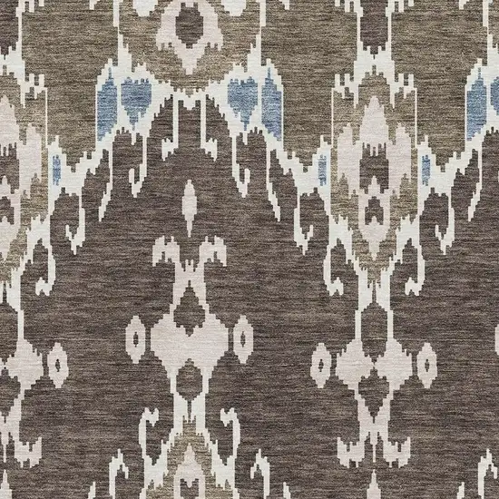 Brown Ivory And Blue Ikat Washable Area Rug With UV Protection Photo 3