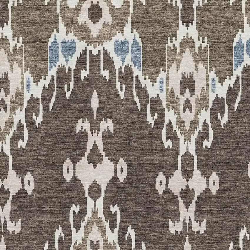 Brown Ivory And Blue Ikat Washable Area Rug With UV Protection Photo 3