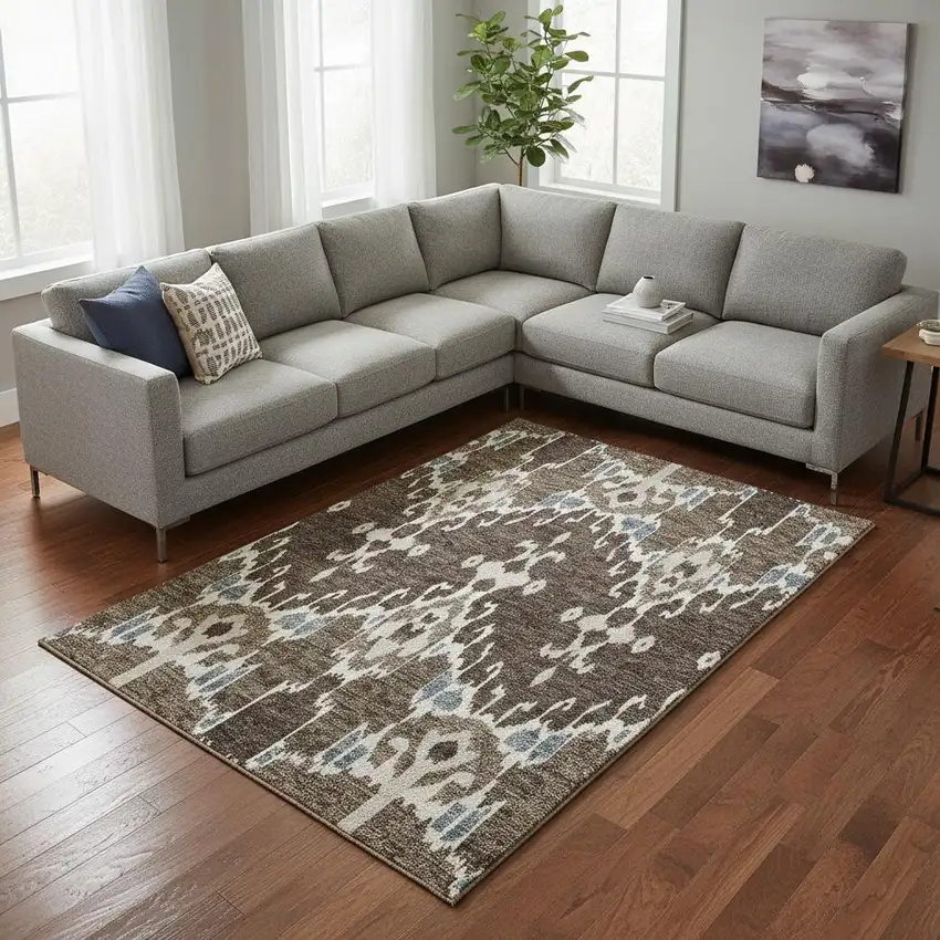 Brown Ivory And Blue Ikat Washable Area Rug With UV Protection Photo 2