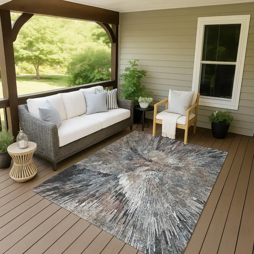 Brown Ivory And Charcoal Abstract Washable Indoor Outdoor Area Rug Photo 9