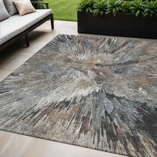 Brown Ivory And Charcoal Abstract Washable Indoor Outdoor Area Rug Photo 1
