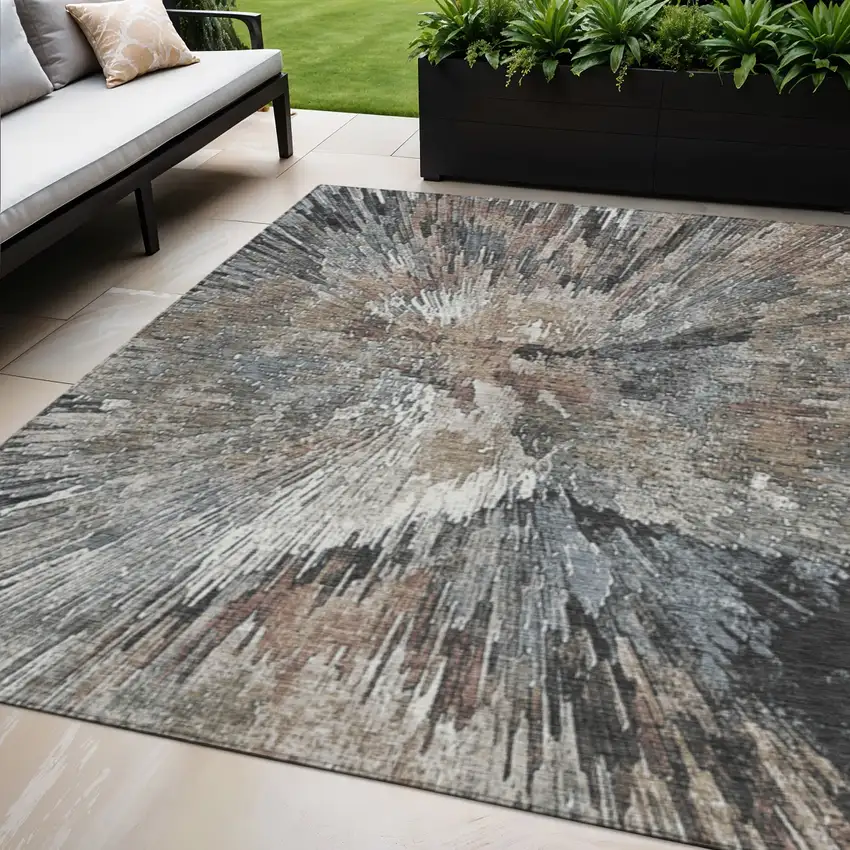 Brown Ivory And Charcoal Abstract Washable Indoor Outdoor Area Rug Photo 1