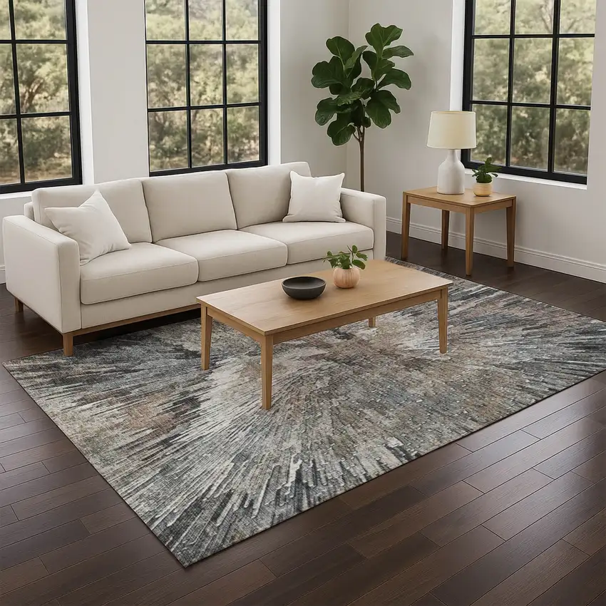 Brown Ivory And Charcoal Abstract Washable Indoor Outdoor Area Rug Photo 8