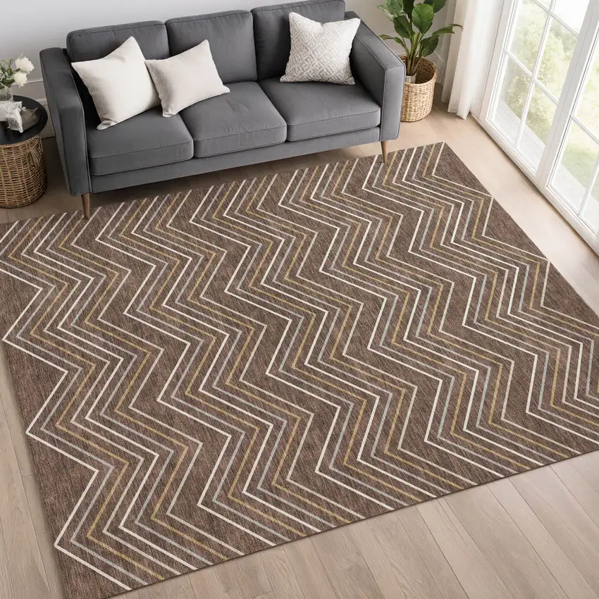 Brown Ivory And Copper Geometric Washable Indoor Outdoor Area Rug Photo 5
