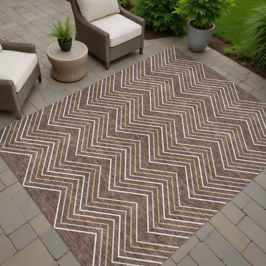 Brown Ivory And Copper Geometric Washable Indoor Outdoor Area Rug Photo 7
