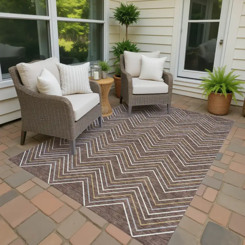 Brown Ivory And Copper Geometric Washable Indoor Outdoor Area Rug Photo 4