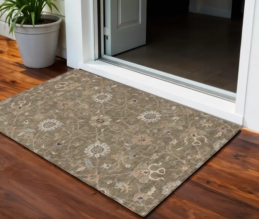 Brown Ivory And Coral Floral Washable Indoor Outdoor Area Rug Photo 1