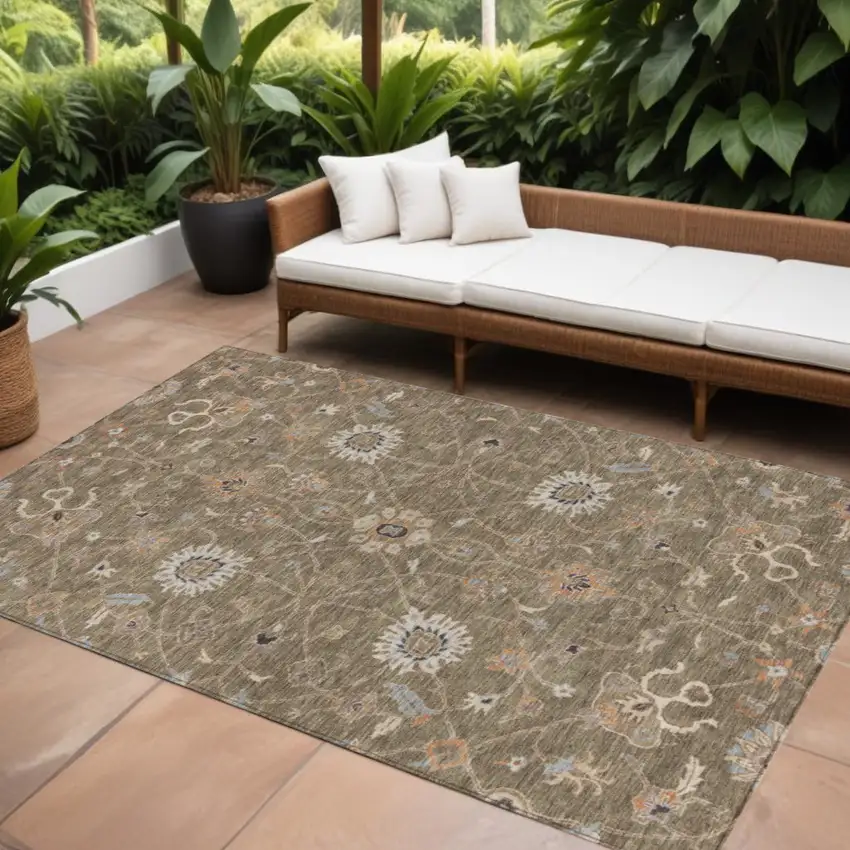 Brown Ivory And Coral Floral Washable Indoor Outdoor Area Rug Photo 1