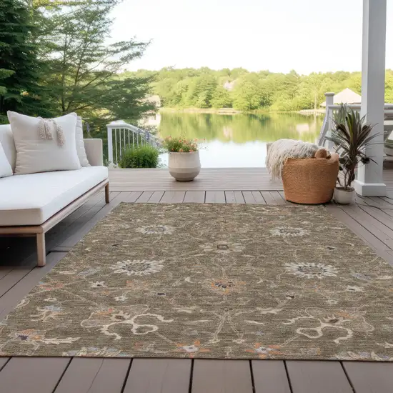 Brown Ivory And Coral Floral Washable Indoor Outdoor Area Rug Photo 8