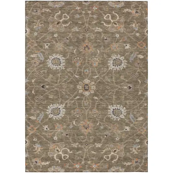 Brown Ivory And Coral Floral Washable Indoor Outdoor Area Rug Photo 2