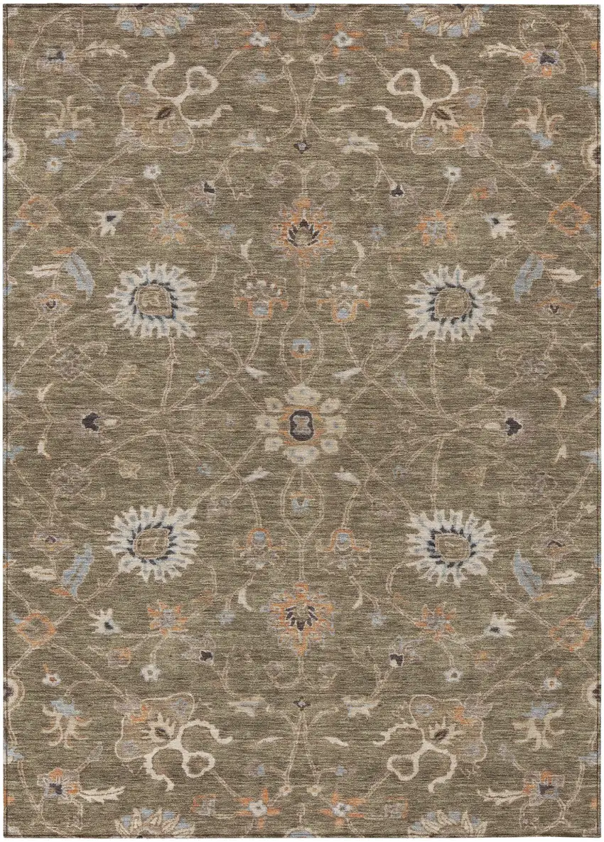 Brown Ivory And Coral Floral Washable Indoor Outdoor Area Rug Photo 2