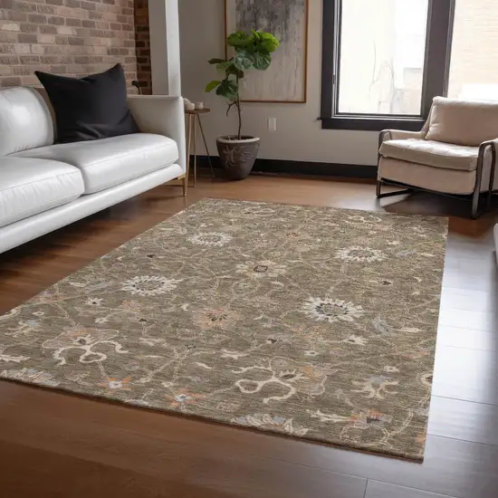 Brown Ivory And Coral Floral Washable Indoor Outdoor Area Rug Photo 9