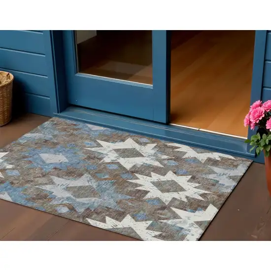 Brown Ivory And Denim Blue Aztec Washable Indoor Outdoor Area Rug Photo 2