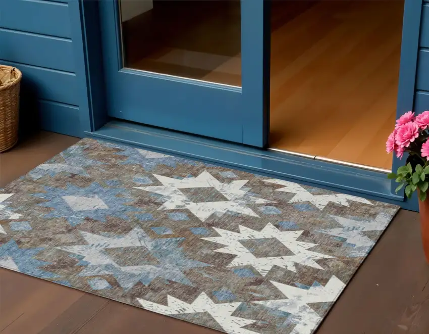 Brown Ivory And Denim Blue Aztec Washable Indoor Outdoor Area Rug Photo 2