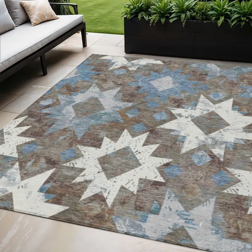 Brown Ivory And Denim Blue Aztec Washable Indoor Outdoor Area Rug Photo 2