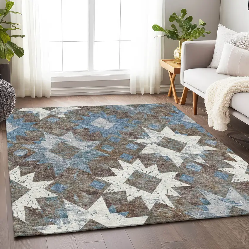 Brown Ivory And Denim Blue Aztec Washable Indoor Outdoor Area Rug Photo 6