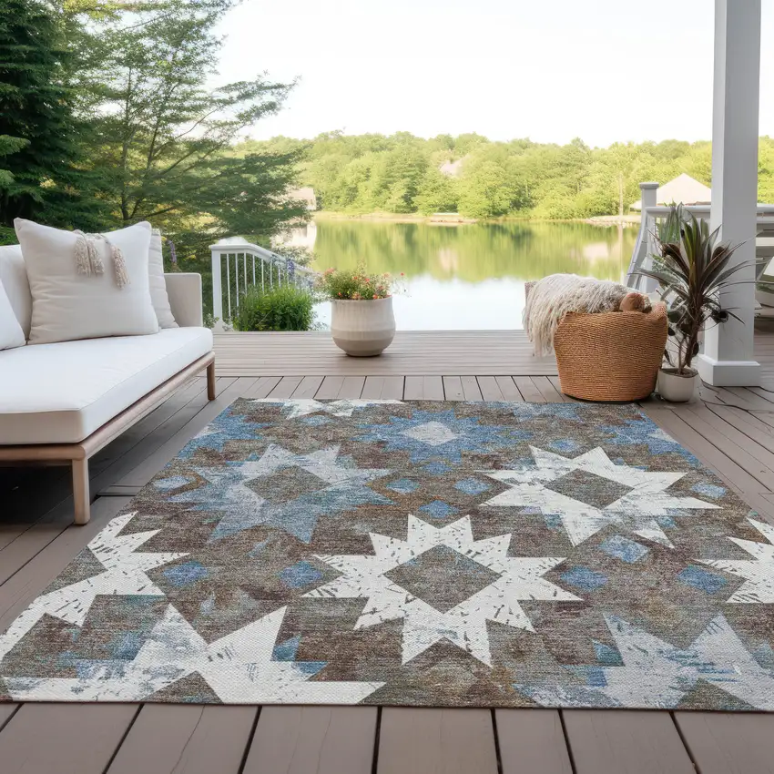 Brown Ivory And Denim Blue Aztec Washable Indoor Outdoor Area Rug Photo 5
