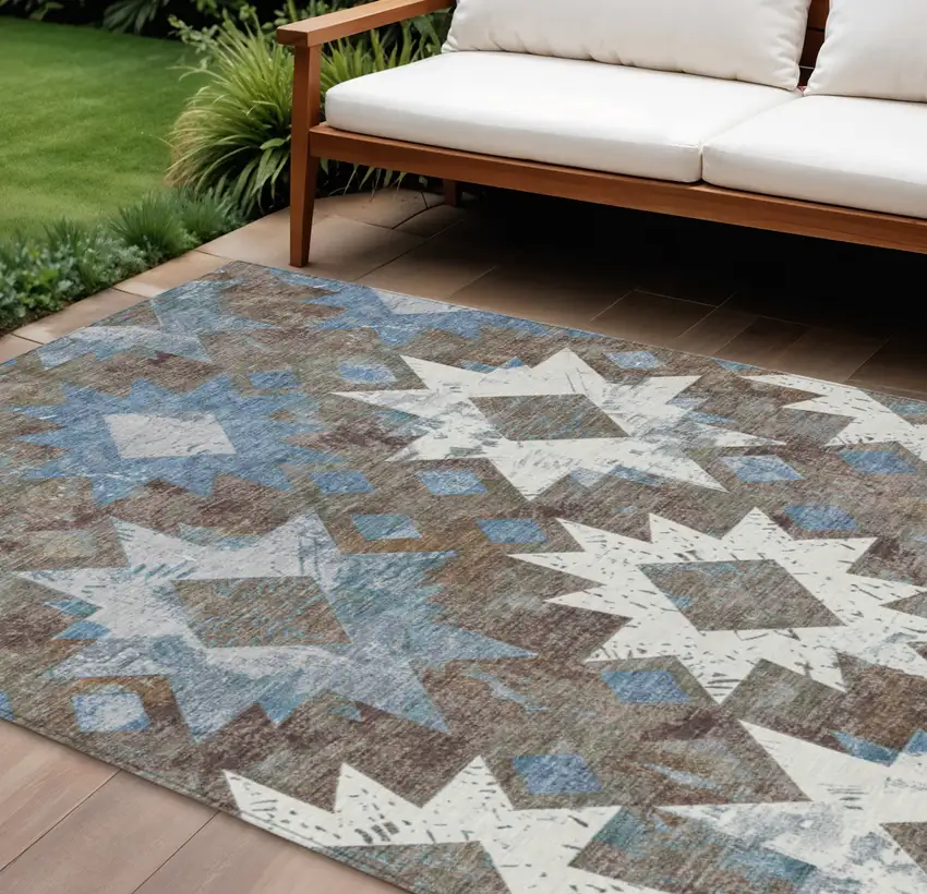 Brown Ivory And Denim Blue Aztec Washable Indoor Outdoor Area Rug Photo 2
