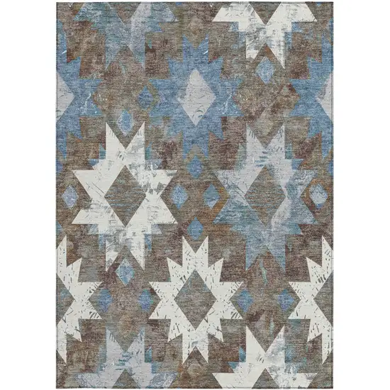 Brown Ivory And Denim Blue Aztec Washable Indoor Outdoor Area Rug Photo 3