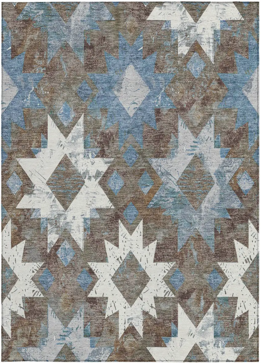 Brown Ivory And Denim Blue Aztec Washable Indoor Outdoor Area Rug Photo 3