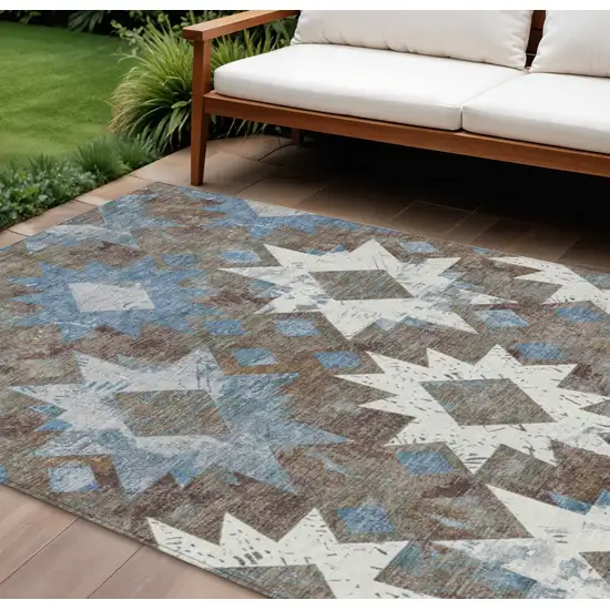 Brown Ivory And Denim Blue Aztec Washable Indoor Outdoor Area Rug Photo 2