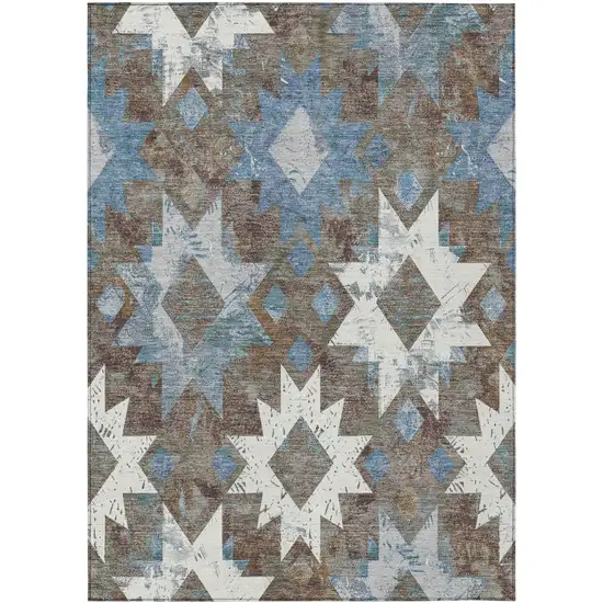 Brown Ivory And Denim Blue Aztec Washable Indoor Outdoor Area Rug Photo 1