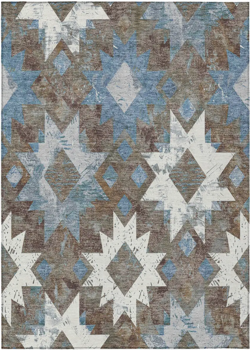 Brown Ivory And Denim Blue Aztec Washable Indoor Outdoor Area Rug Photo 1