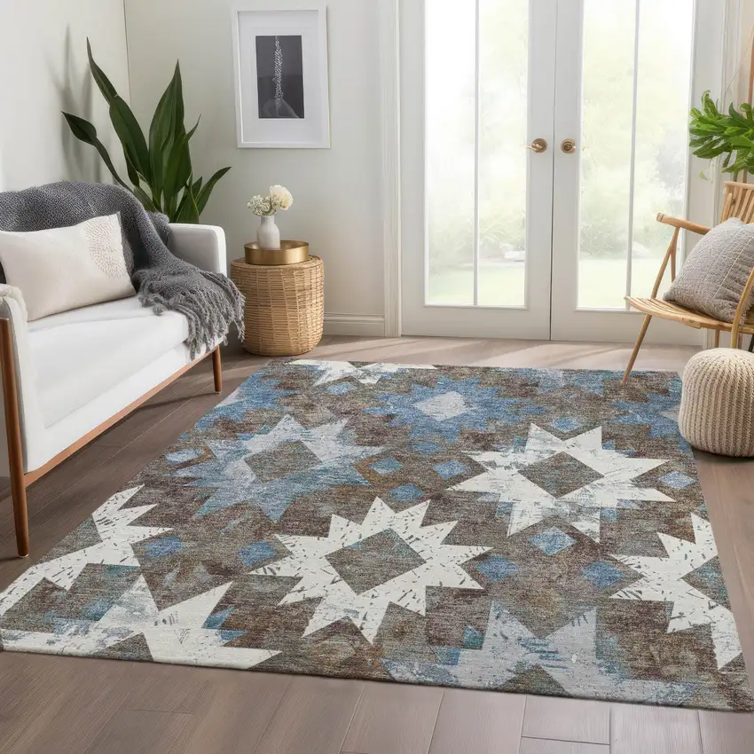 Brown Ivory And Denim Blue Aztec Washable Indoor Outdoor Area Rug Photo 7