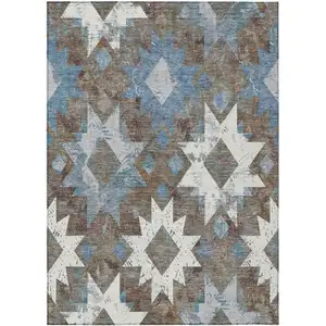 Photo of Brown Ivory And Denim Blue Aztec Washable Indoor Outdoor Area Rug