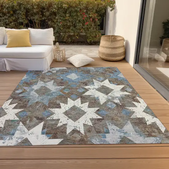 Brown Ivory And Denim Blue Aztec Washable Indoor Outdoor Area Rug Photo 8