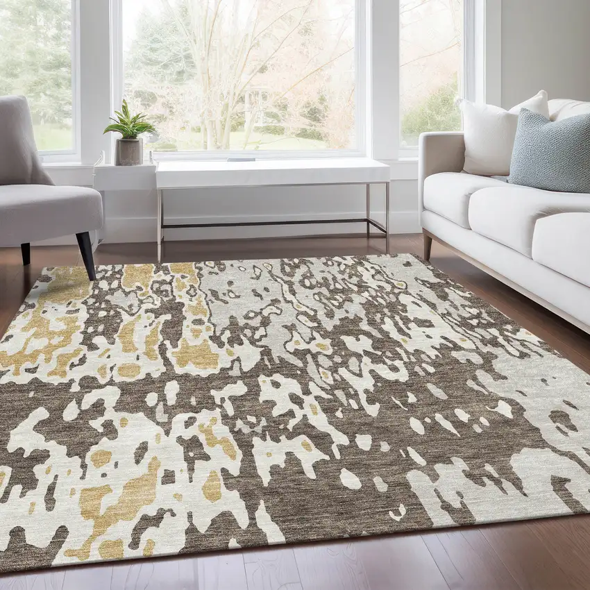 Brown Ivory And Gold Abstract Washable Area Rug With UV Protection Photo 5