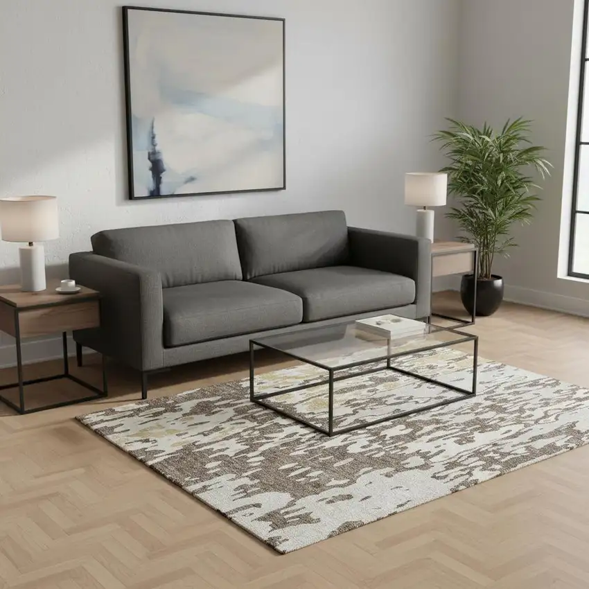 Brown Ivory And Gold Abstract Washable Area Rug With UV Protection Photo 2