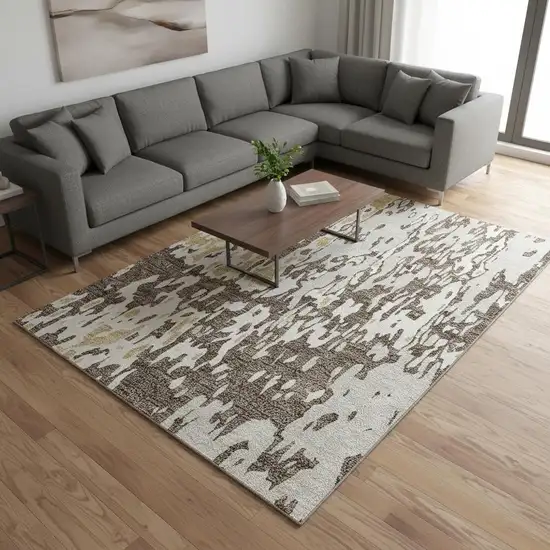 Brown Ivory And Gold Abstract Washable Area Rug With UV Protection Photo 2