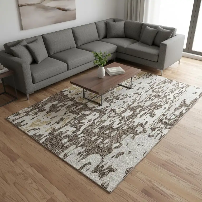 Brown Ivory And Gold Abstract Washable Area Rug With UV Protection Photo 2