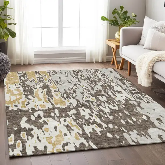 Brown Ivory And Gold Abstract Washable Area Rug With UV Protection Photo 4
