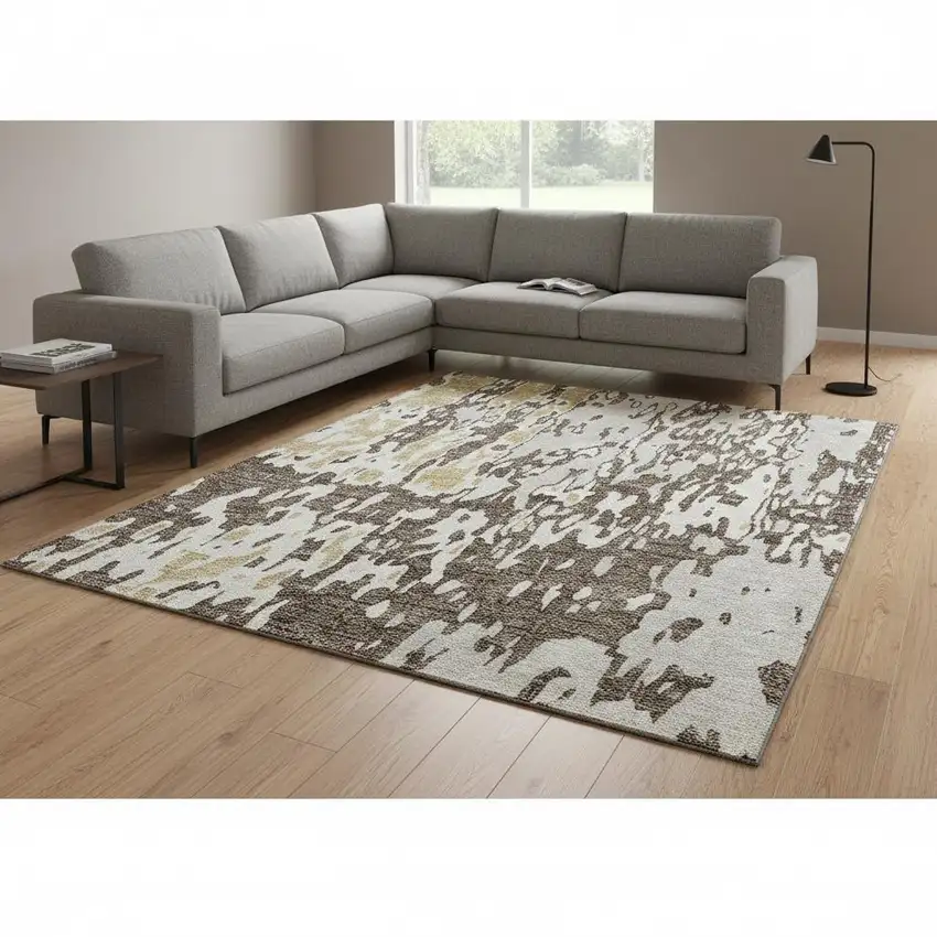 Brown Ivory And Gold Abstract Washable Area Rug With UV Protection Photo 2
