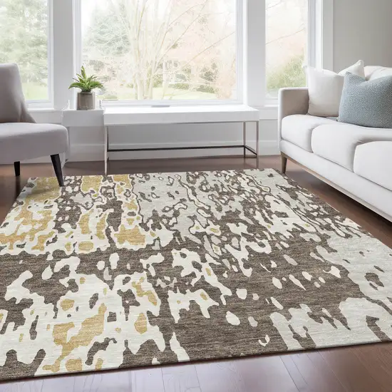 Brown Ivory And Gold Abstract Washable Area Rug With UV Protection Photo 5