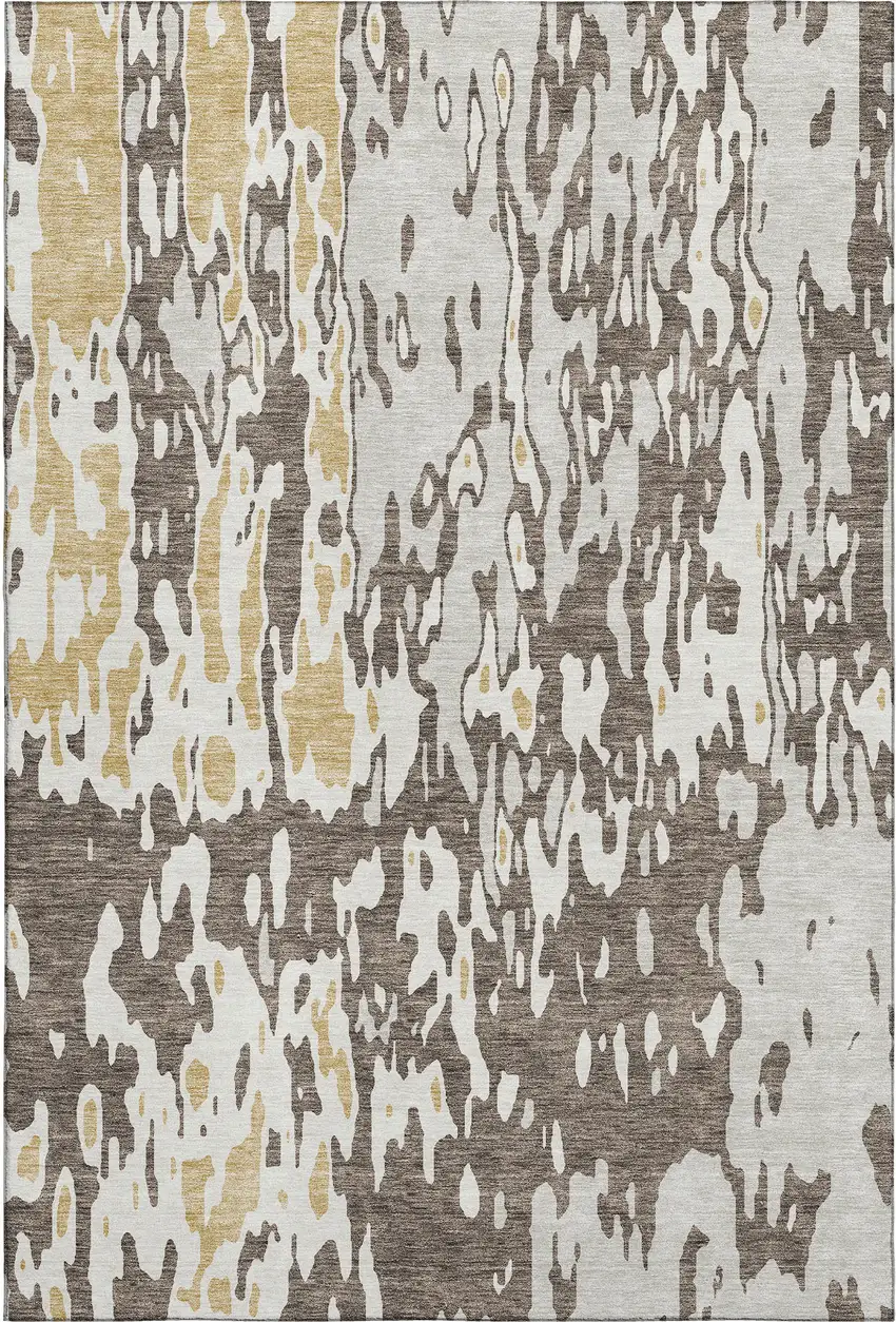 Brown Ivory And Gold Abstract Washable Area Rug With UV Protection Photo 1