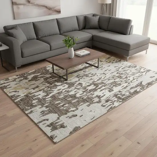 Brown Ivory And Gold Abstract Washable Area Rug With UV Protection Photo 2