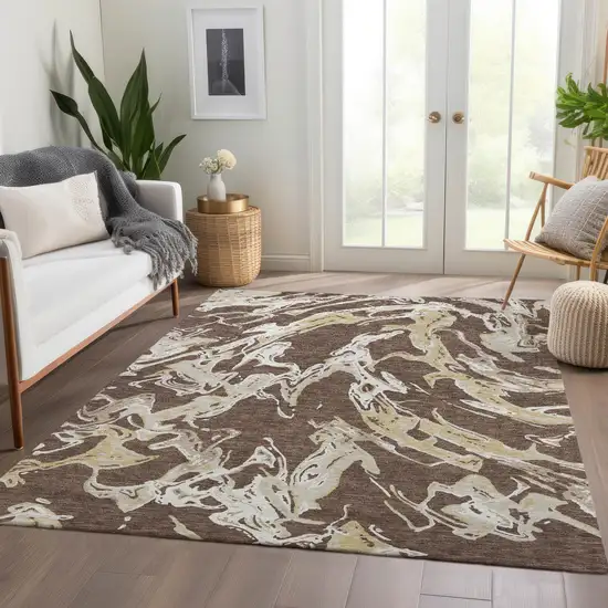 Brown Ivory And Gold Abstract Washable Area Rug With UV Protection Photo 5