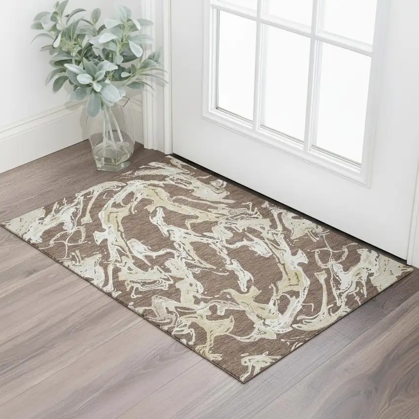 Brown Ivory And Gold Abstract Washable Area Rug With UV Protection Photo 2